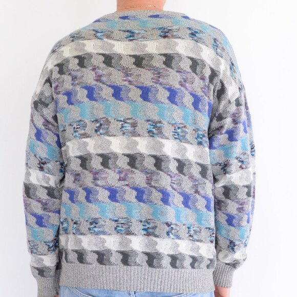 Pronto-Uomo Gray Blue Hounds Tooth Eclectic Grandpa Fine Knit Crew Neck Sweater - Picture 2 of 9